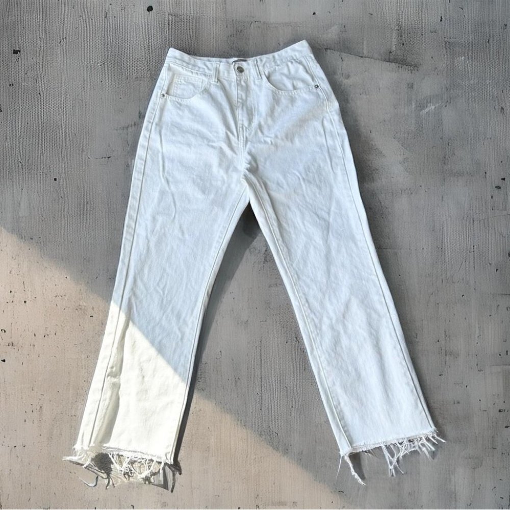 Nasty Gal White Frayed Hem High Rise Mom Jeans